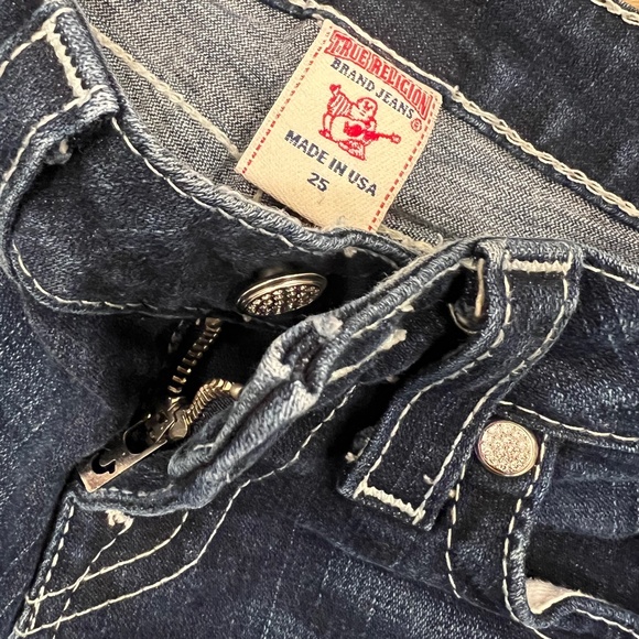 EUC [True Religion] Low-Rise <Becky> Boot Cut Blue Jeans + Rhinestones | 25 0 XS - Picture 4 of 16